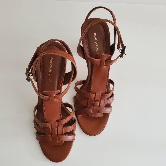 Banana Republic Leather Ankle Strap 3.5" Wood Heel Sandals | NWT | 7M | Tobacco - Picture 12 of 16